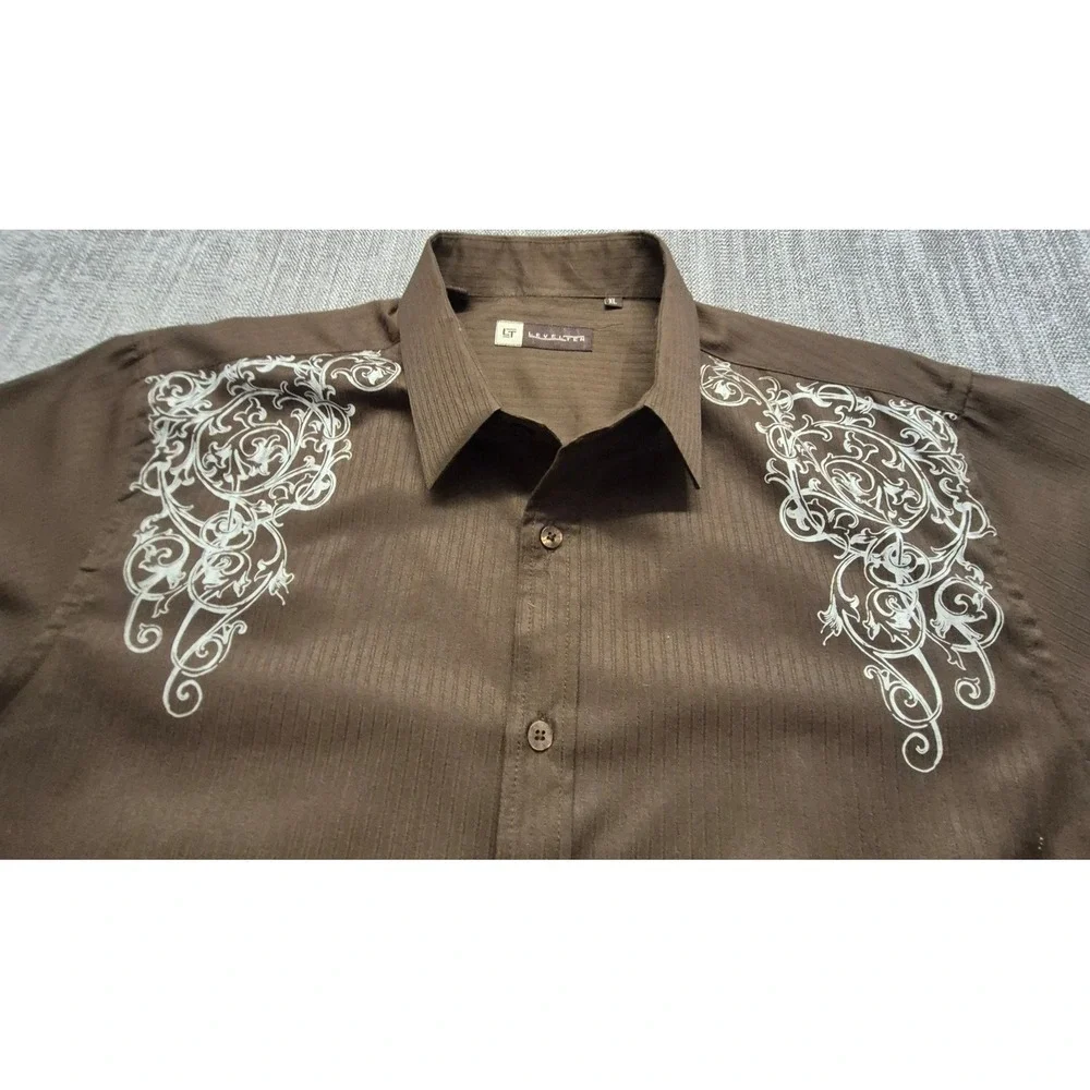 Level Ten men's brown western style shirt XL white details‎ button up rodeo